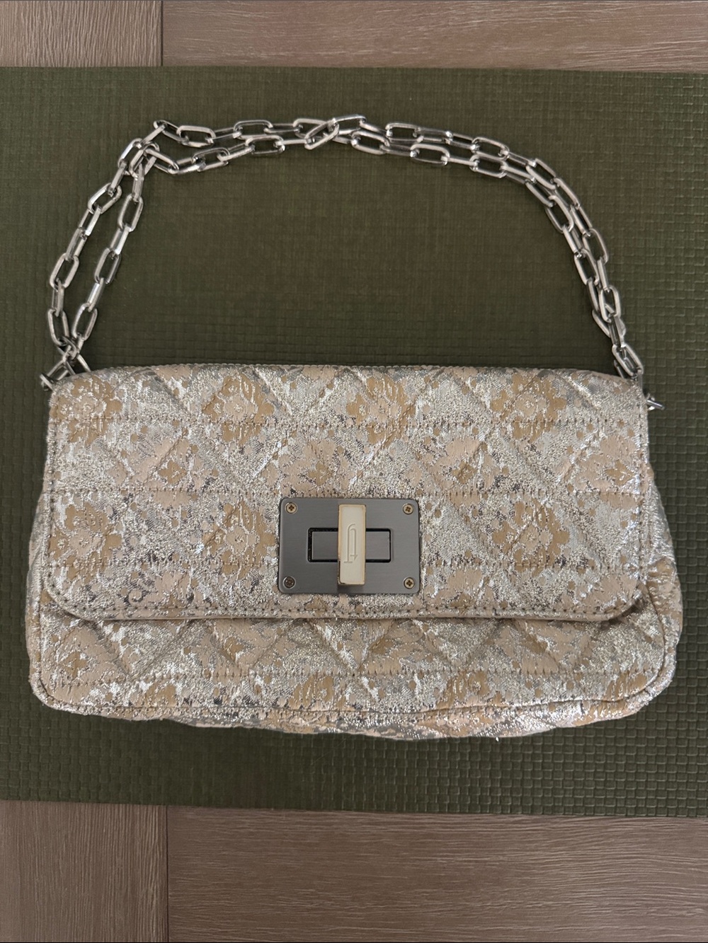 Tara Jarmon Quilted Metallic Shoulder Bag in Silver and Cream